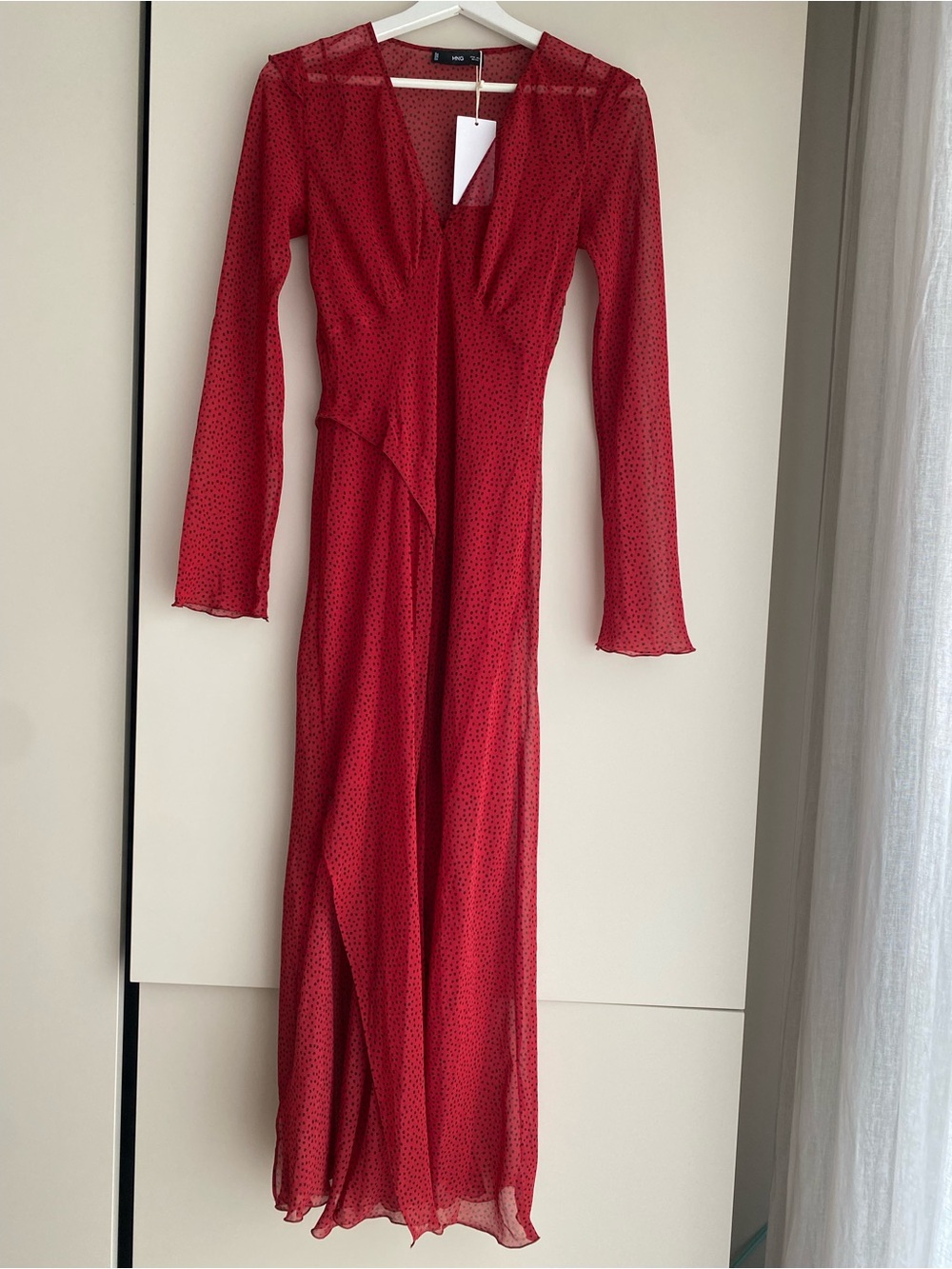 Mango Red Long Sleeve Polka Dot Maxi Dress